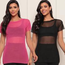 Kit 2 Blusa Feminina Transparente de Tule Manga Curta Camiseta AcademiaTreino