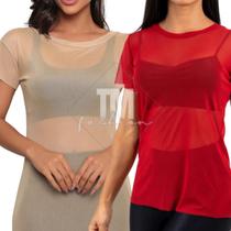 Kit 2 Blusa Feminina Transparente de Tule Manga Curta Camiseta AcademiaTreino