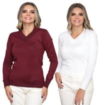 Kit 2 Blusa Feminina Tricô Decot V Manga Longa Lisa Lã