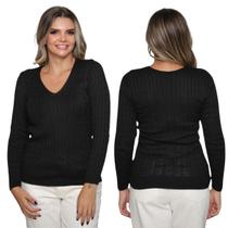 Kit 2 Blusa Feminina Tricô Decote V Manga Longa Lã Detalhe Trança