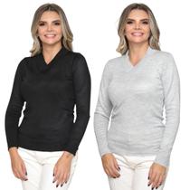 Kit 2 Blusa Feminina Tricô Decote V Sueter Feminino Lã Liso