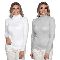 Kit 2 Blusa Feminina Tricô Gola Alta Manga Longa Sueter Cacharrel Liso