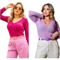 Kit 2 Blusa Feminina Tricot Decote V com Trança