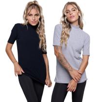 KIT 2 Blusa Manga Curta Gola Alta WLS Modas Em Malha Canelada Blogueira Moda Casual