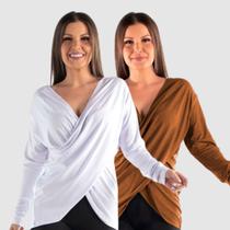 Kit 2 Blusa Manga Longa Viscolycra Decote Transpassado Casual