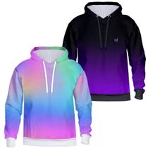 Kit 2 Blusa Moletom Masculino Feminino de Frio Degrade Capuz Flanelado Bolsos Laterais de Poliester