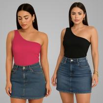 Kit 2 Blusa Mula Manca Um Ombro So Basica Canelada Verão