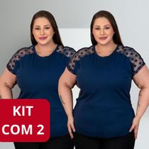 Kit 2 Blusa Plus Size Feminina Com Renda Tecido Viscolycra Manga Curta Gola Redanda Varias Cores
