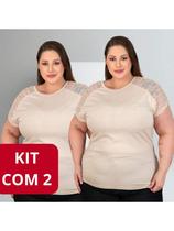 Kit 2 Blusa Plus Size Feminina Com Renda Tecido Viscolycra Manga Curta Gola Redanda Varias Cores