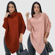 Kit 2 Blusa Poncho Tricot Gola Alta Cacharrel Manga Longa Bico Tendência Inverno Frio 2025