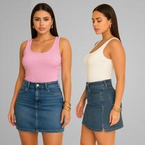 Kit 2 Blusa Regata Feminina Ribana Canelada Basica Lisa