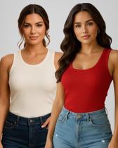 Kit 2 Blusa Regata Feminina Ribana Canelada Basica Lisa