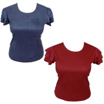 Kit 2 Blusa Suede T-Shirt Feminina Manga com Babados Plus Size