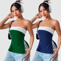 Kit 2 Blusa T-Shirt Feminina sem alça Faixa Bicolor Fenda Lateral Casual Blogueira