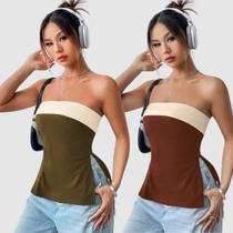 Kit 2 Blusa T-Shirt Feminina sem alça Faixa Bicolor Fenda Lateral Casual Blogueira