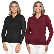 Kit 2 Blusa Tricot Gola V Inverno Moda Casual
