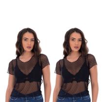 Kit 2 Blusa Tule Feminina Fristyle Transparente Manga Curta
