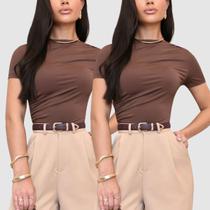 Kit 2 Blusas Blusinha Baby Look Feminina Básicas Manga Curta Suplex Drapeada