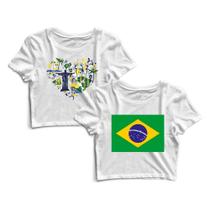 Kit 2 Blusas Blusinha Cropped Tshirt Camiseta Feminina Bandeira do Brasil Coração
