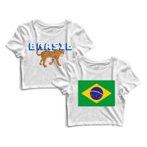 Kit 2 Blusas Blusinha Cropped Tshirt Camiseta Feminina Bandeira do Brasil Onça