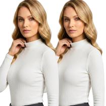 Kit 2 Blusas Cacharrel Feminina Canelada Manga Longa Gola Alta para Frio