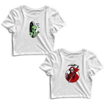 Kit 2 Blusas Cropped Tshirt Feminina Alien Come On In e Caveira Morte