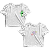 Kit 2 Blusas Cropped Tshirt Feminina Alien Gatinho e Estrelas Coloridas