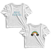 Kit 2 Blusas Cropped Tshirt Feminina Anti Social e Arco-íris Caveira