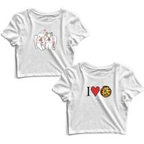 Kit 2 Blusas Cropped Tshirt Feminina Casal Gato Pizza e I Love Pizza Kit 2 Blusas Cropped Tshirt Feminina Casal Gato Pizza e I Love Pizza