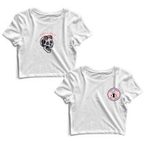 Kit 2 Blusas Cropped Tshirt Feminina Caveira Chill Out e Abelha Frases