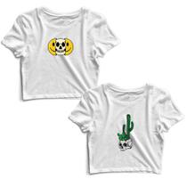 Kit 2 Blusas Cropped Tshirt Feminina Caveira e Vaso Caveira Cacto