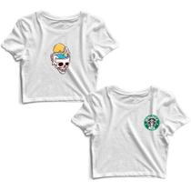 Kit 2 Blusas Cropped Tshirt Feminina Caveira Sereia e Starbucks Frases