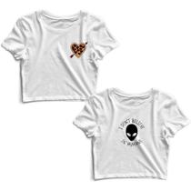 Kit 2 Blusas Cropped Tshirt Feminina Coração Flecha e Alien Frases
