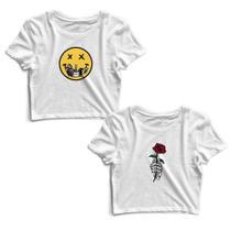 Kit 2 Blusas Cropped Tshirt Feminina Emoji Morte e Esqueleto Flor