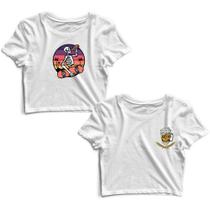 Kit 2 Blusas Cropped Tshirt Feminina Esqueleto Skatista e Copo Caveira