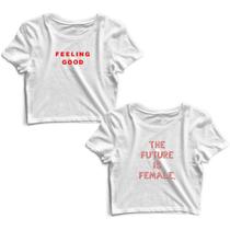 Kit 2 Blusas Cropped Tshirt Feminina Feeling Good e Frases