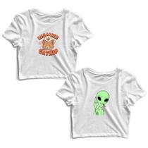 Kit 2 Blusas Cropped Tshirt Feminina Gatinho Frases e Alien