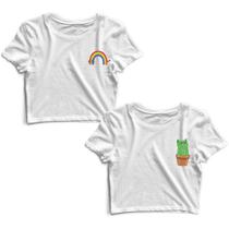 Kit 2 Blusas Cropped Tshirt Feminina Gato Arco-íris e Gato Cacto