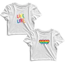 Kit 2 Blusas Cropped Tshirt Feminina Love is Love e Coração Colorido