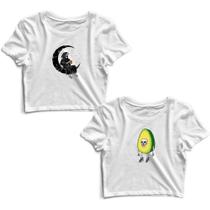 Kit 2 Blusas Cropped Tshirt Feminina Morte Lua e Abacate Caveira