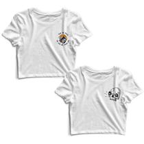 Kit 2 Blusas Cropped Tshirt Feminina Morte Pizza Frases e Skate Caveira