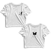 Kit 2 Blusas Cropped Tshirt Feminina Mulher Lua e Mulher Borboleta