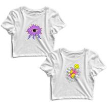 Kit 2 Blusas Cropped Tshirt Feminina Olho Nuvem e Emoji Parede