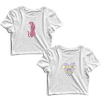 Kit 2 Blusas Cropped Tshirt Feminina Onça Rosa e Coração Frases