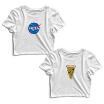 Kit 2 Blusas Cropped Tshirt Feminina Planeta Pizza e Alien Pizza