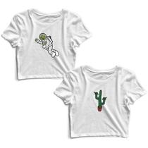 Kit 2 Blusas Cropped Tshirt Feminina Plantas Astronauta e Cacto