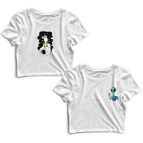 Kit 2 Blusas Cropped Tshirt Feminina Unicórnio Astronauta e Alien Colorido