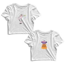 Kit 2 Blusas Cropped Tshirt Feminina Unicórnio e Espaçonave