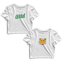 Kit 2 Blusas Cropped Tshirt Feminina Wild e Gato Frases