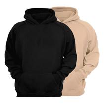 Kit 2 Blusas De Frio Moletom Canguru Liso Masculino e Feminino-Preto e bege